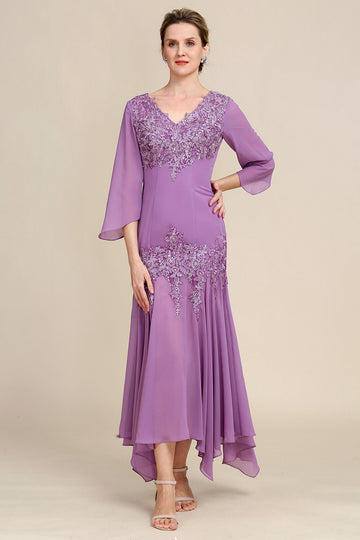 Púrpura Sirena Gasa Vestido de Madrina Con Encaje